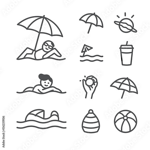 Simple Line Art Icons Depicting Summer Activities at the Beach