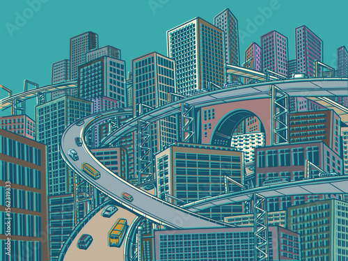 Megapolis city with many roads high. Urbanism is a modern problem. Sale of real estate and tourist trips to the capitals of the world.