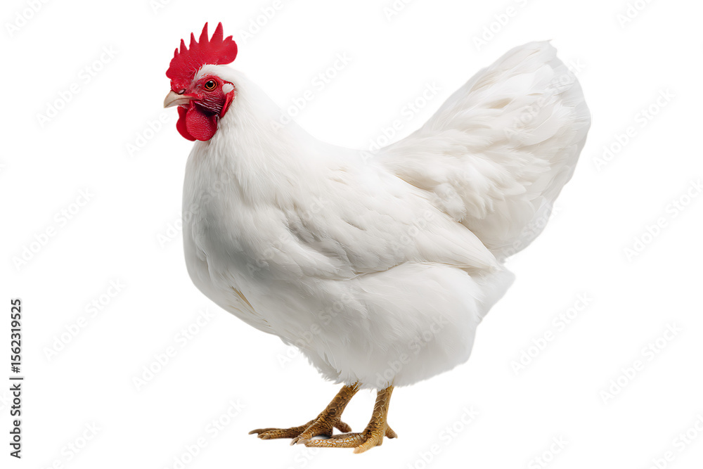 Fototapeta premium A beautiful white chicken isolated on a black background.