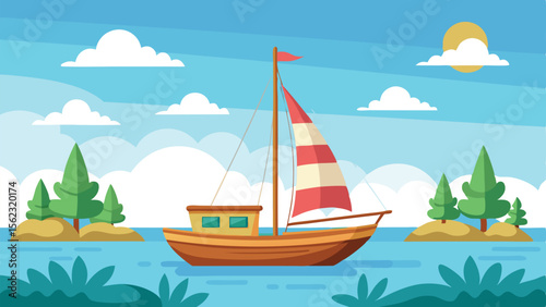 Cartoon Sailboat Sailing on Calm Blue Water with Island Trees and Sunny Sky