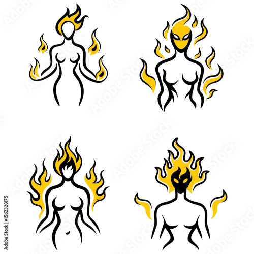 Mysterious Female Silhouette Made of Flickering Flames and Rising Smoke Trails with Glowing Eyes and Embers