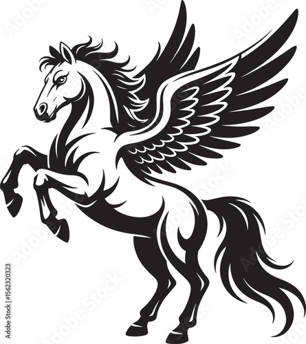 Black White Vector Illustration Winged Horse Majestic Pose Mythological Creature Stylized Design Graphic Art