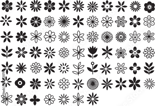 Collection of Floral Icons Vector – Black and White Decorative Flower Silhouettes Set for Design Use