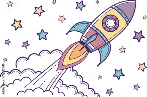 Space Rocket Launch Design Featuring Rocket Flames Smoke and Sky Background. Modern Space Rocket Illustration for Science Technology and Space Exploration. Flat Style Rocket Launch Scene with Flames