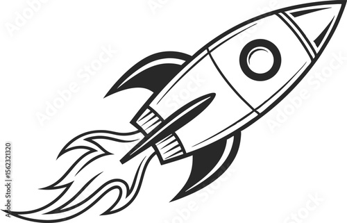 Space Rocket Launch Design Featuring Rocket Flames Smoke and Sky Background. Modern Space Rocket Illustration for Science Technology and Space Exploration. Flat Style Rocket Launch Scene with Flames
