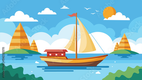 Colorful Cartoon Illustration of a Sailboat Sailing on the Sea with Pyramids and Islands