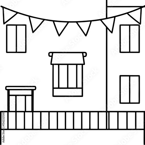 Minimal vector illustration of a French street with balconies decorated with flags for Bastille Day