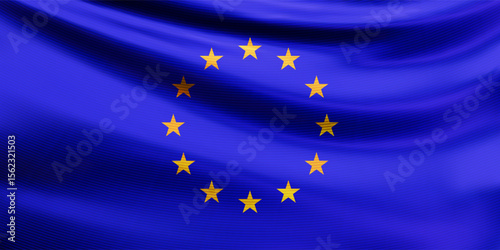 Waving in the wind realistic European Union flag. Yellow EU stars in circle on blue flag. Symbol of Europe. Vector 3d illustration