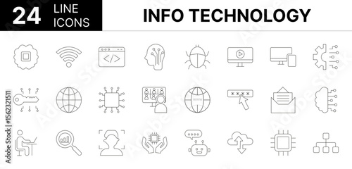 Collection of 24 information technology line icons featuring editable strokes. These outline icons depict various modes of information technology, icon, artificial intelligence, ai, network, set, comp