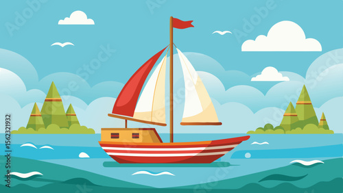 Cartoon Sailboat Sailing on Calm Blue Water with Island Hills and Clouds