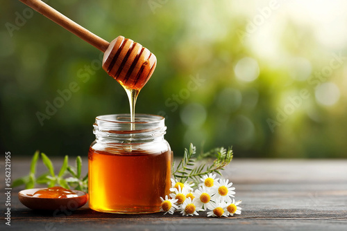 Honey dripping from wooden dipper into glass jar surrounded by fresh flowers and herbs, showcasing natural sweetness and organic ingredients