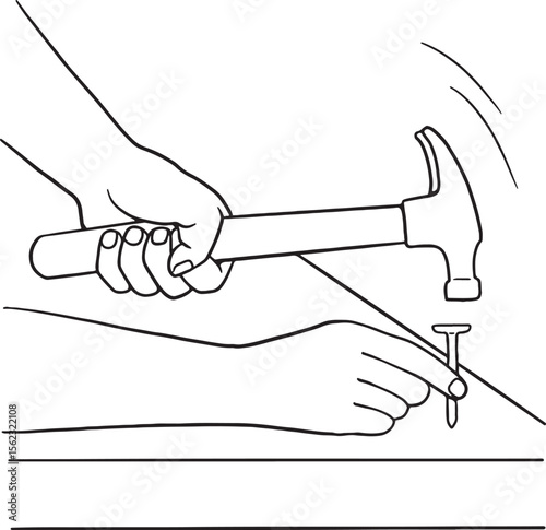Get hands-on with this clear line art illustration of hands hammering a nail into wood. Perfect for DIY projects, construction, carpentry, or home improvement themes. Ideal for tutorials, workshops.