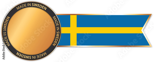 round MADE IN SWEDEN gold colored banner with ribbon banner with Sweden flag