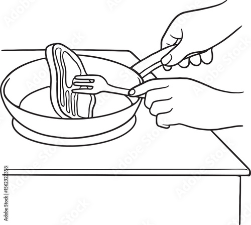 Line art illustration of hands serving food from a pan with a fork and knife. Perfect for conveying cooking, eating, meal preparation, or restaurant themes. Ideal for food blogs.