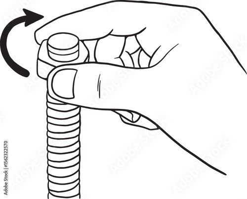 Line art of a hand twisting a cap, accompanied by a curved arrow indicating the turning motion. Perfect for user manuals, product instructions, DIY guides, or any content demonstrating how to open.