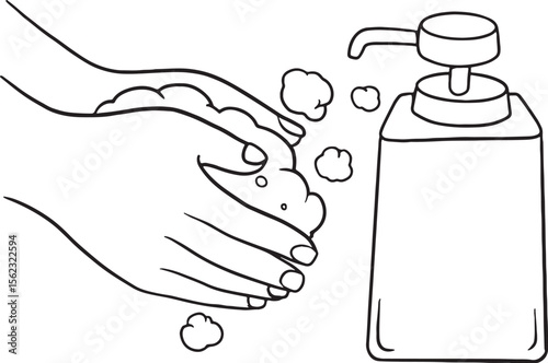 Line art illustration of hands washing with soap and bubbles next to a soap dispenser. Perfect for health campaigns, cleaning instructions, public service announcements, or content related to personal