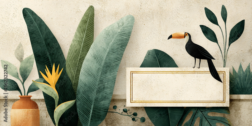 Fototapeta premium Colorful tropical illustration featuring lush green leaves, vibrant flowers, and a toucan perched on a branch, ideal for nature-themed designs and creative projects