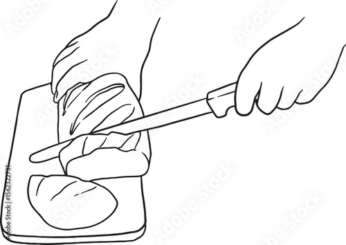 Line art illustration of hands slicing a fresh loaf of bread on a cutting board. Perfect for food blogs, recipe books, kitchen tutorials, or content related to baking, cooking, and fresh ingredients.