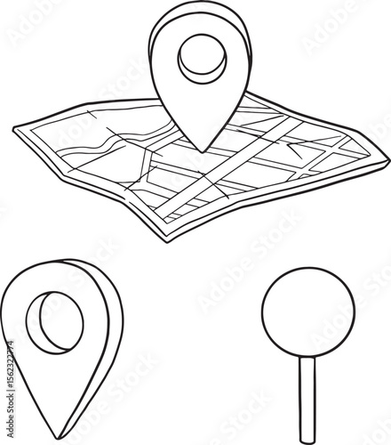 Set of location and map line art. Featuring map pins in various styles and a pin on a folded map, these visuals are perfect for representing navigation, travel, GPS, specific locations.