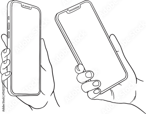 Line art illustration features hands holding modern smartphones in both portrait and landscape orientations, with blank screens ready for your content. Perfect for showcasing apps, websites.