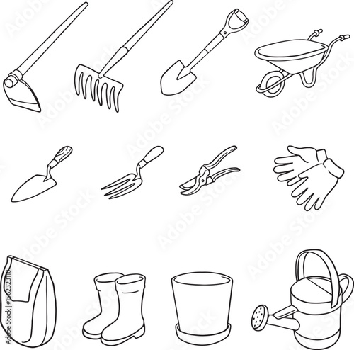 Set of gardening tools in clean line art. From hoes and shovels to gloves and watering cans, this collection has everything for your green thumb projects. Perfect for gardening blogs.