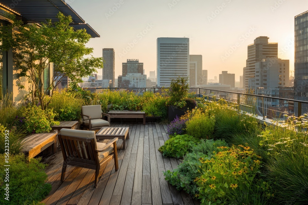 Fototapeta premium Rooftop garden with wooden furniture city backdrop lush greenery diverse plants fill the foreground creating a tranquil urban oasis