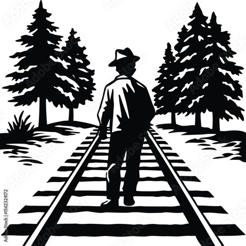 Solitary Figure Walking on Railroad Tracks Amidst Tall Pine Trees