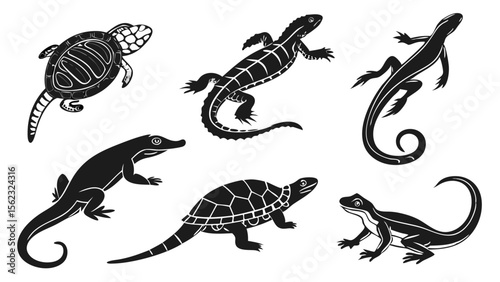 Collection of Reptile Silhouettes – Snakes, Lizards, and Turtles in Natural Poses Isolated on White Background for Wildlife, Nature, and Zoology Designs