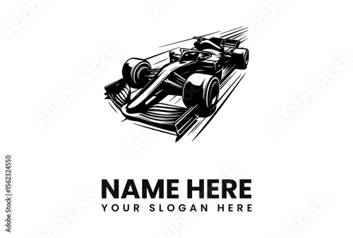 Black and white illustration of a Formula 1 race car speeding forward.