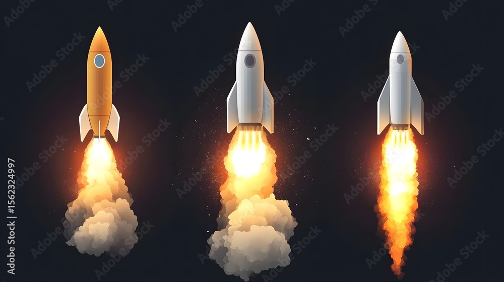 Naklejka premium 3D render showcases a rocket launching with fiery exhaust and billowing smoke against a dark backdrop.