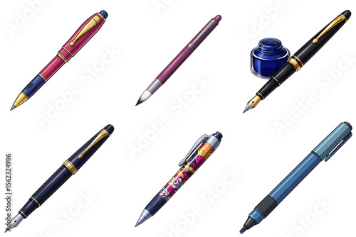 Set of ballpoint pen, brush pen, fountain pen, retractable click pen, fountain pen with inkwell, and felt tip pen in anime style, isolated on transparent background
