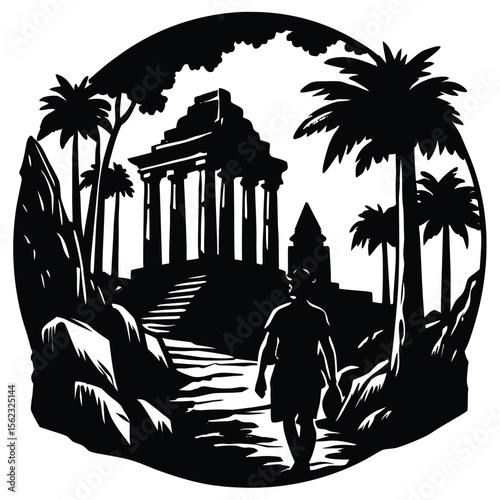 Ancient Temple Exploration Tropical Island Adventure Silhouette
