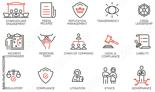 Vector set of linear icons related to Crisis  and Reputation Management, Risk Identification, Emergency Response, Recovery for Infographics, Websites and Strategic Decision-making - part 3