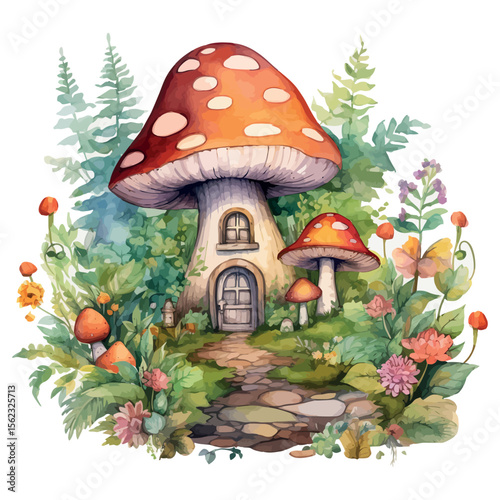 A whimsical cartoon toadstool stands among autumn leaves and grass in a magical forest, a poisonous yet enchanting red and white agaric fungus illustration