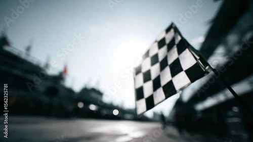 close up of black and white checked flag in foreground blurred race track in background sunny day blue sky
