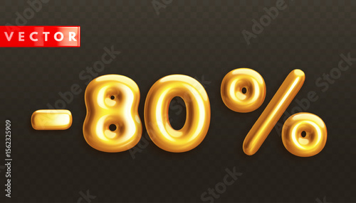 Minus 80%. Metallic eighty percent. Golden 3d off discount numbers with percentage in realistic style on black background. Glossy decoration element for promotion sale banner. Vector illustration