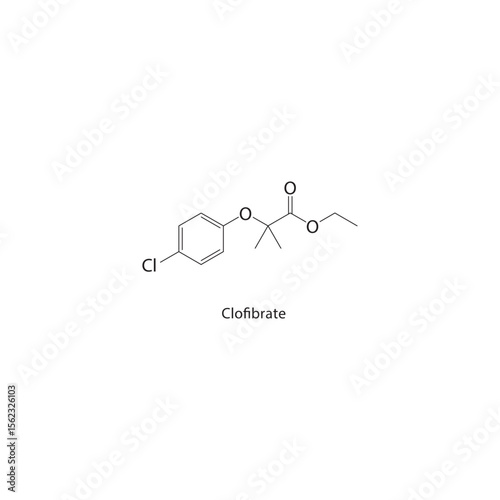 Clofibrate skeletal structure. FIbrate compound schematic illustration. Simple diagram, chemical formula.