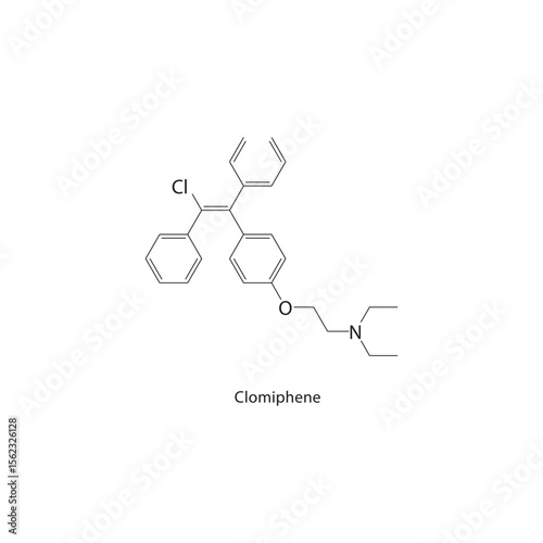 Clomiphene skeletal structure. Fertility drug compound schematic illustration. Simple diagram, chemical formula.