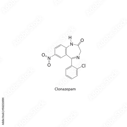 Clonazepam skeletal structure. Benzodiazepine compound schematic illustration. Simple diagram, chemical formula.