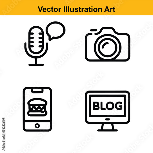 A set of four simple, black outline icons representing modern content creation: a microphone with a speech bubble, a camera, a smartphone displaying a burger, and a computer monitor with the word "BLO