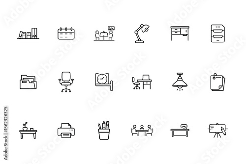 Line art office icons set including calendar desk lamp chair clock printer meeting table