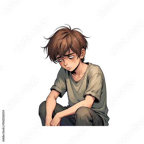 Sad Young Boy Sitting Alone, Digital Painting Illustration