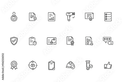 Outline quality control icons set including checkmarks documents thumbs up symbols
