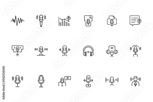 Line art podcast icons set featuring microphones headphones speech bubbles audio waves