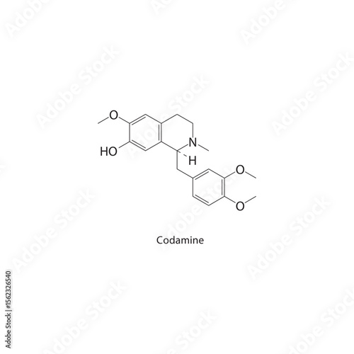 Codamine skeletal structure. Alkaloid compound schematic illustration. Simple diagram, chemical formula.