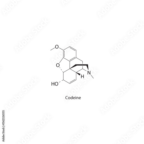 Codeine skeletal structure. Opioid Analgesic compound schematic illustration. Simple diagram, chemical formula.