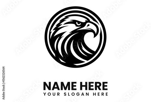 Stylized eagle head encircled, rendered in black and white, with text placeholders for a name and slogan.