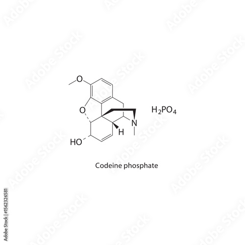Codeine phosphate skeletal structure. Opioid Analgesic compound schematic illustration. Simple diagram, chemical formula.