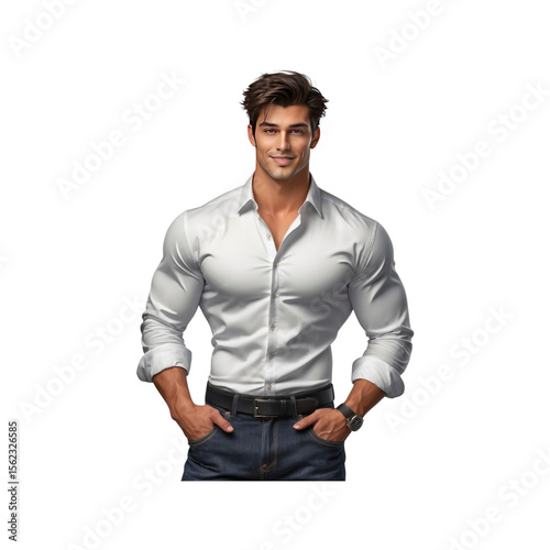 Confident Muscular Man in White Shirt and Jeans