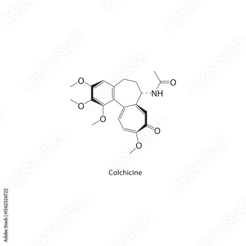 Colchicine skeletal structure. Alkaloid compound schematic illustration. Simple diagram, chemical formula.